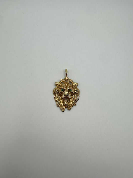 14k Gold Lion Head Pendant w/ CZ Emerald Green Eyes