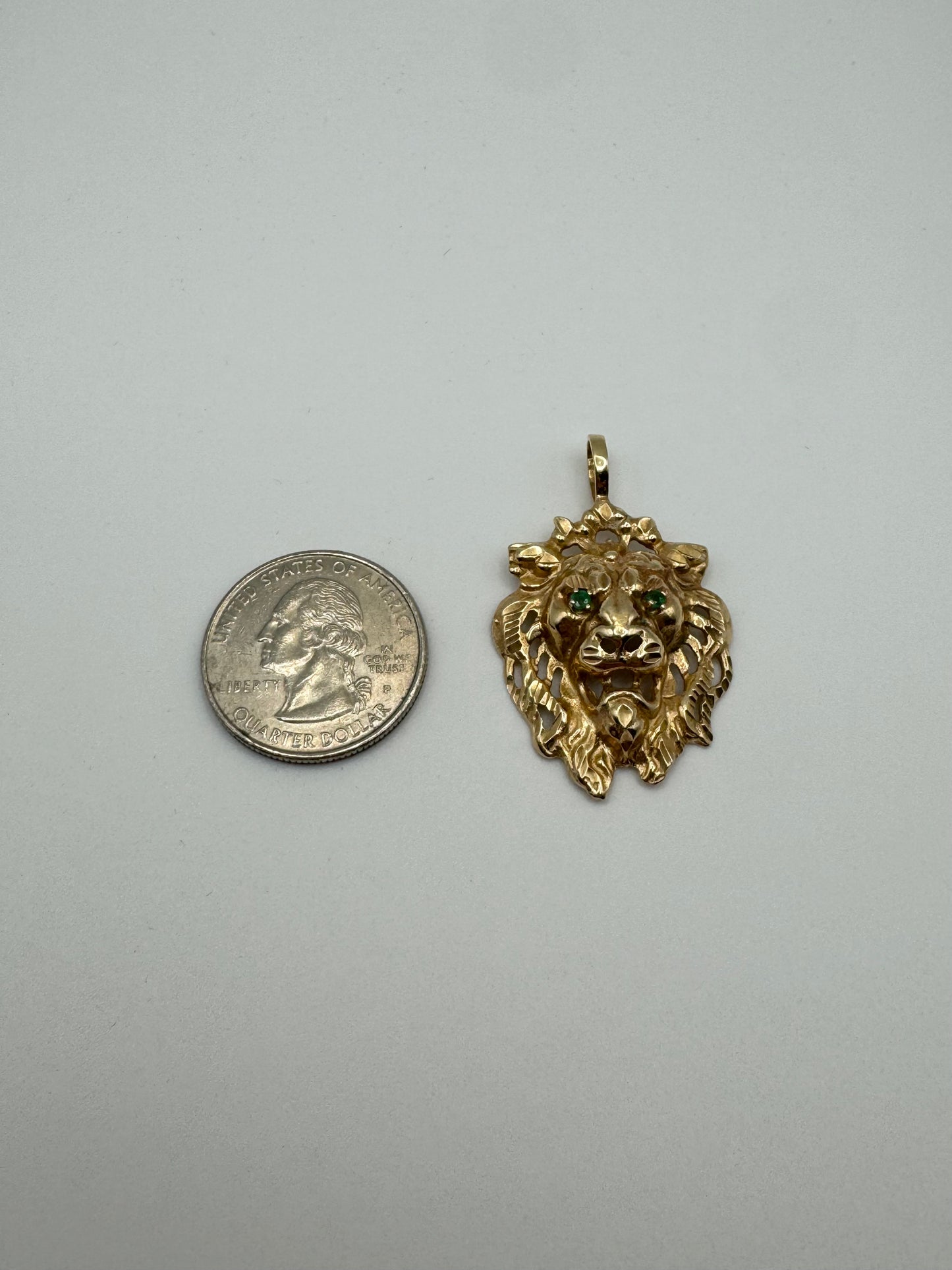 14k Gold Lion Head Pendant w/ CZ Emerald Green Eyes