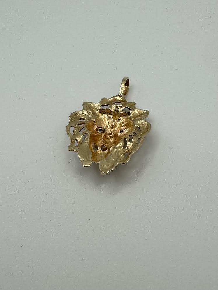 14k Gold Lion Head Pendant w/ CZ Emerald Green Eyes